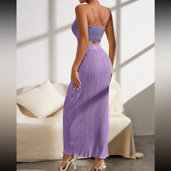 *Natie Shirred Back Drawstring Ruched Front Crop Tube Top & Plisse Skirt Set - Picture 3 of 4